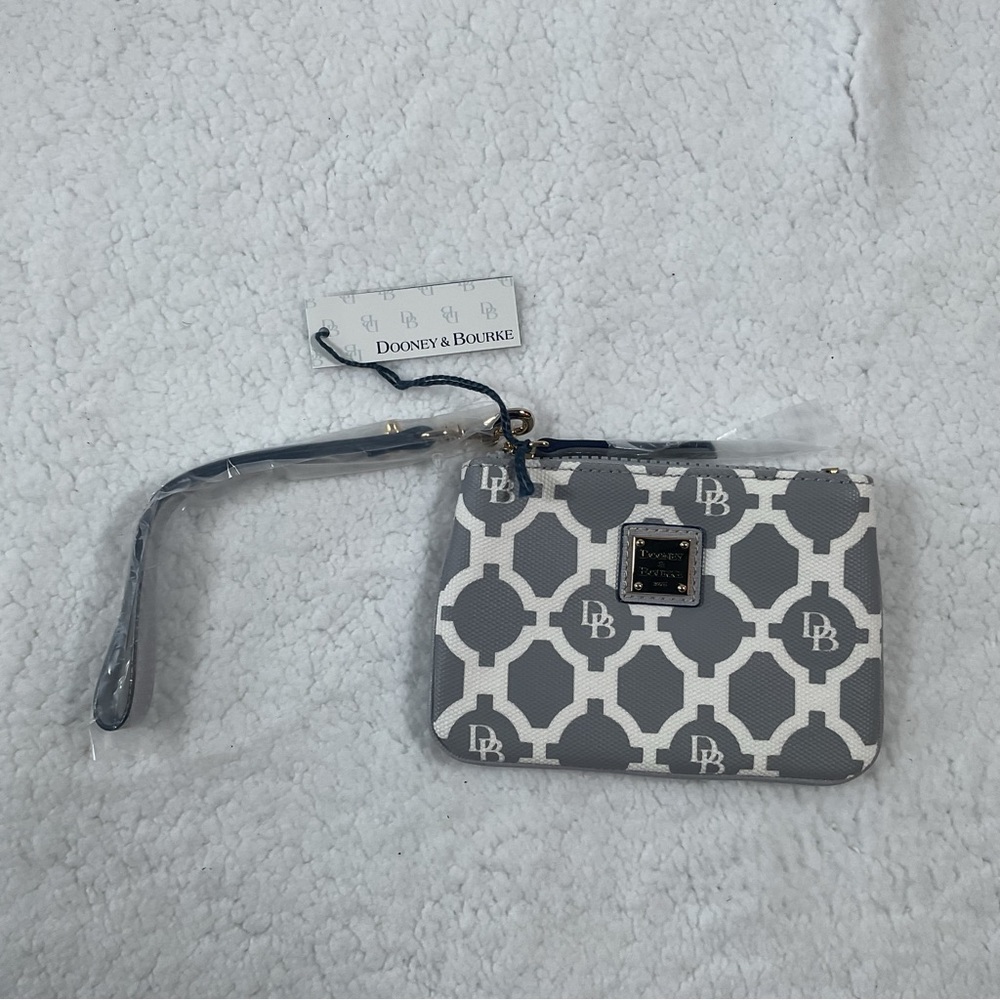 Dooney & Bourke Logo Wristlet Gray White Signature Small Zip Coin Card NWT